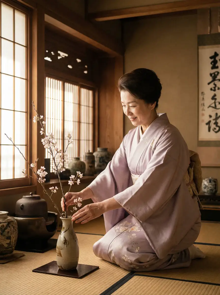 一位优雅的 胜游亚洲平台 在和室中插花